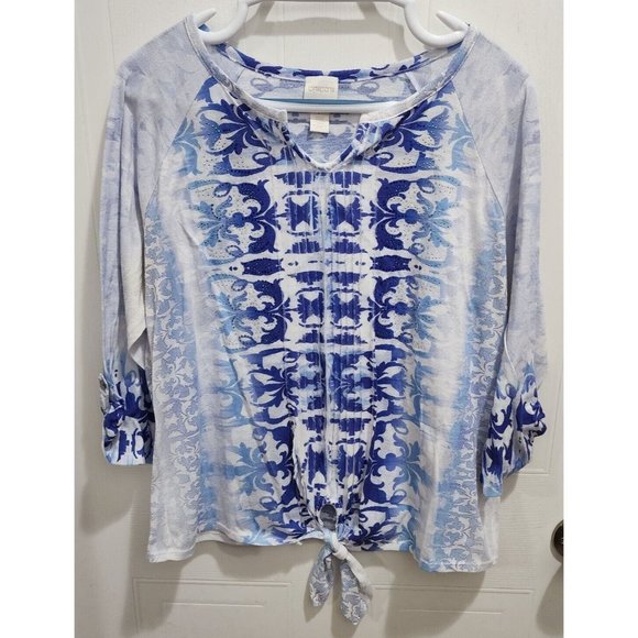 Chico's Women's 3/4 Sleeve’s Embellished Tie Front Blouse Top Blue Size 2 (L) - Picture 1 of 11